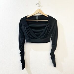 Norma Kamali Gathered Jersey Crop Top Black Ruched Long Sleeves Size XS